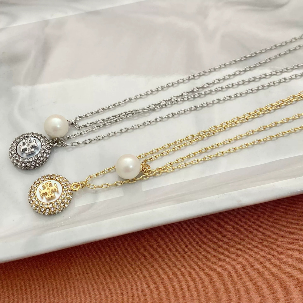 Tory Burch Diamond Letter Pearl Pendant Metal Necklace